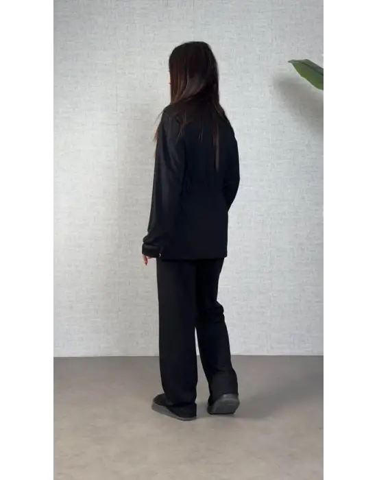 Kadın Uzun Kollu Bisiklet Yaka Belden Büzgülü Bağcıklı Viskon Iki Iplik Bluz Ve Pantolon Ikili Takım