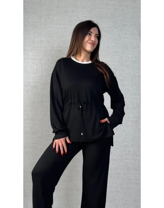 Kadın Uzun Kollu Bisiklet Yaka Belden Büzgülü Bağcıklı Viskon Iki Iplik Bluz Ve Pantolon Ikili Takım