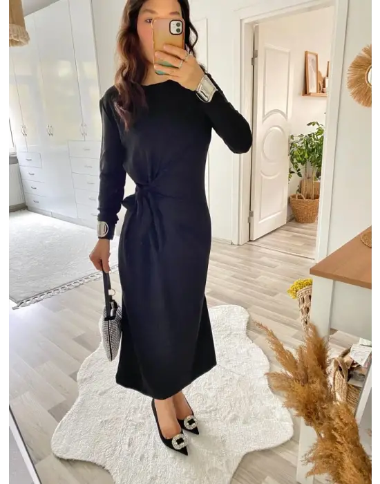 Kadın Uzun Kollu Bisiklet Yaka Belden çapraz Bağlamalı Yandan Yırtmaçlı Uzun Viskon Iki Iplik Elbise