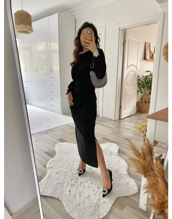 Kadın Uzun Kollu Bisiklet Yaka Belden çapraz Bağlamalı Yandan Yırtmaçlı Uzun Viskon Iki Iplik Elbise