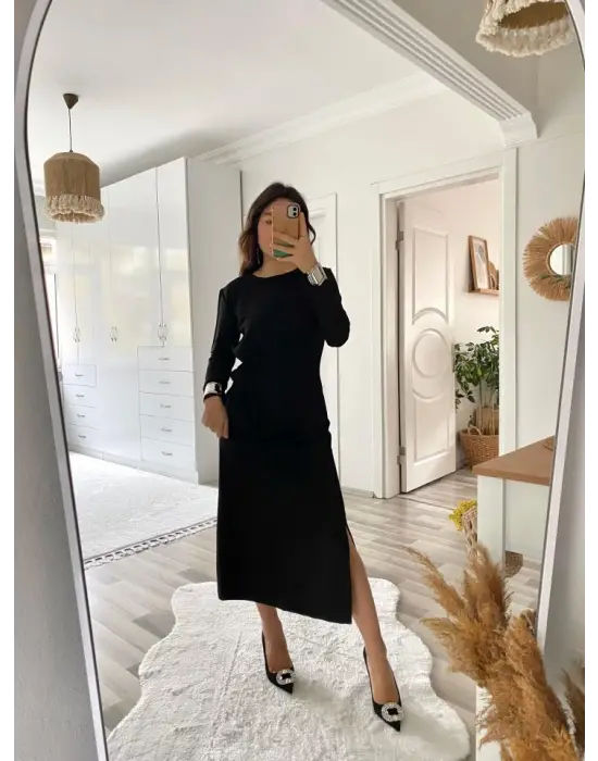 Kadın Uzun Kollu Bisiklet Yaka Belden çapraz Bağlamalı Yandan Yırtmaçlı Uzun Viskon Iki Iplik Elbise