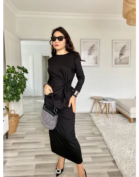 Kadın Uzun Kollu Bisiklet Yaka Belden çapraz Bağlamalı Yandan Yırtmaçlı Uzun Viskon Iki Iplik Elbise