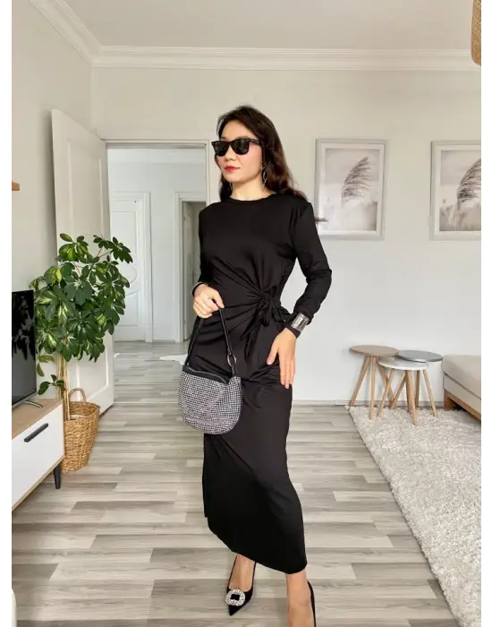 Kadın Uzun Kollu Bisiklet Yaka Belden çapraz Bağlamalı Yandan Yırtmaçlı Uzun Viskon Iki Iplik Elbise