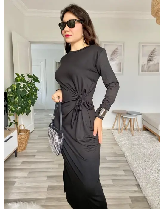 Kadın Uzun Kollu Bisiklet Yaka Belden çapraz Bağlamalı Yandan Yırtmaçlı Uzun Viskon Iki Iplik Elbise