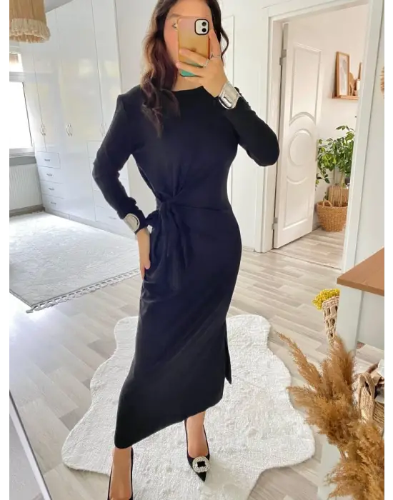 Kadın Uzun Kollu Bisiklet Yaka Belden çapraz Bağlamalı Yandan Yırtmaçlı Uzun Viskon Iki Iplik Elbise