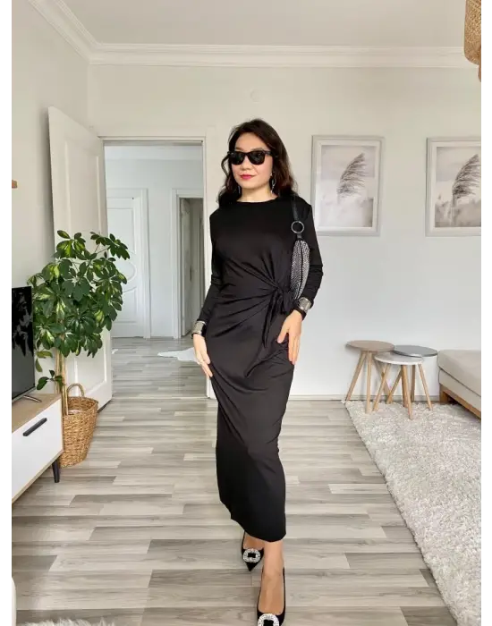 Kadın Uzun Kollu Bisiklet Yaka Belden çapraz Bağlamalı Yandan Yırtmaçlı Uzun Viskon Iki Iplik Elbise