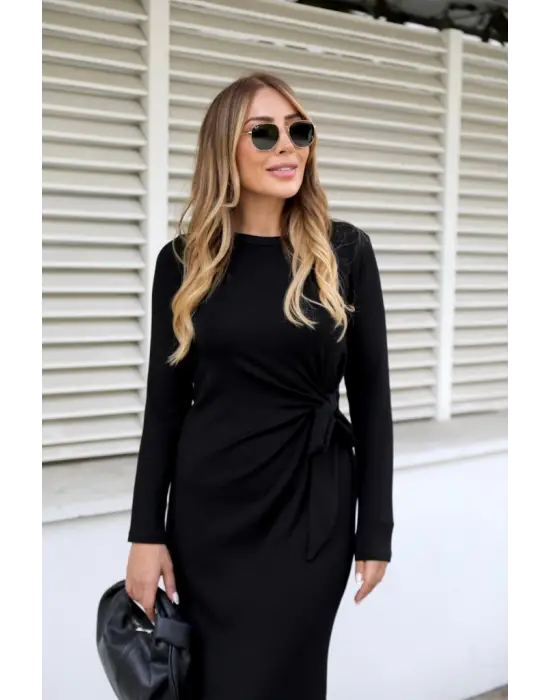 Kadın Uzun Kollu Bisiklet Yaka Belden çapraz Bağlamalı Yandan Yırtmaçlı Uzun Viskon Iki Iplik Elbise