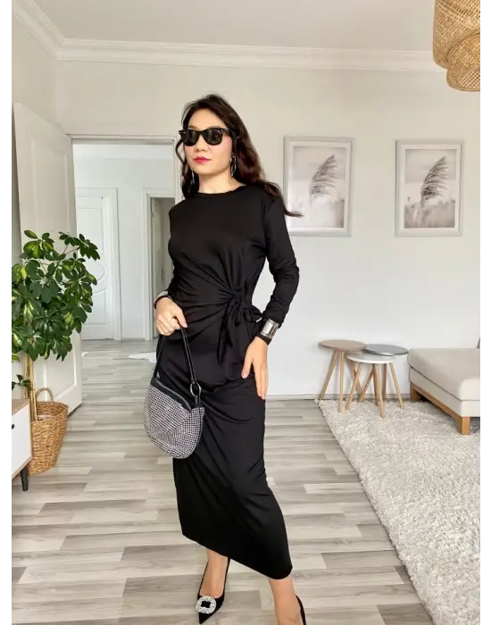 Kadın Uzun Kollu Bisiklet Yaka Belden çapraz Bağlamalı Yandan Yırtmaçlı Uzun Viskon Iki Iplik Elbise