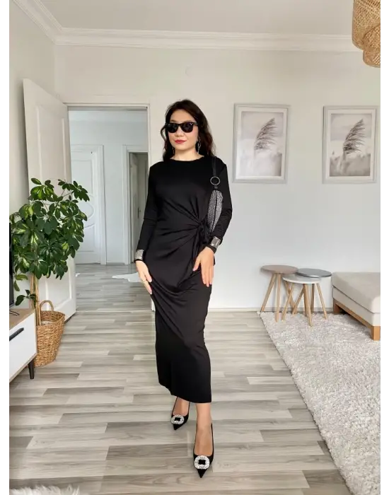 Kadın Uzun Kollu Bisiklet Yaka Belden çapraz Bağlamalı Yandan Yırtmaçlı Uzun Viskon Iki Iplik Elbise