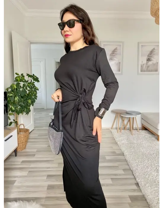 Kadın Uzun Kollu Bisiklet Yaka Belden çapraz Bağlamalı Yandan Yırtmaçlı Uzun Viskon Iki Iplik Elbise
