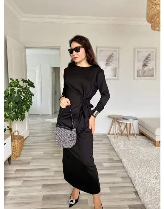 Kadın Uzun Kollu Bisiklet Yaka Belden çapraz Bağlamalı Yandan Yırtmaçlı Uzun Viskon Iki Iplik Elbise
