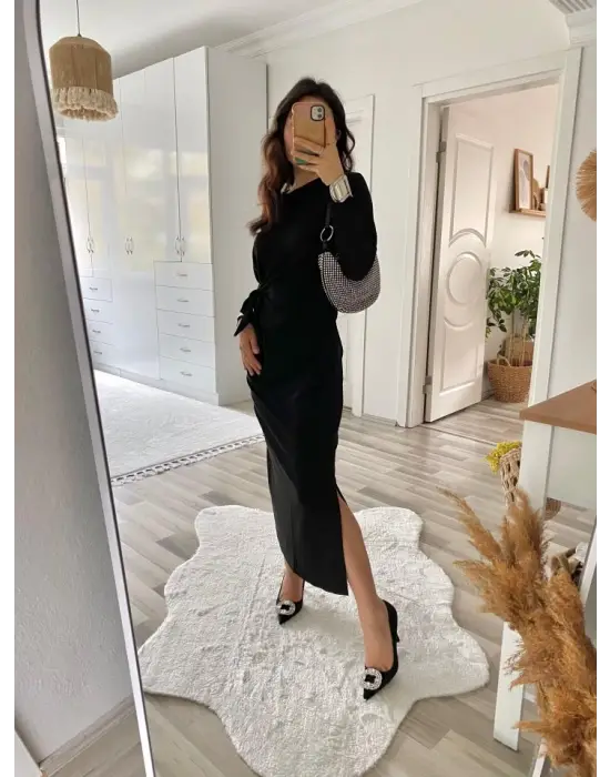 Kadın Uzun Kollu Bisiklet Yaka Belden çapraz Bağlamalı Yandan Yırtmaçlı Uzun Viskon Iki Iplik Elbise