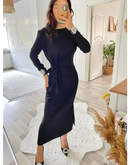 Kadın Uzun Kollu Bisiklet Yaka Belden çapraz Bağlamalı Yandan Yırtmaçlı Uzun Viskon Iki Iplik Elbise