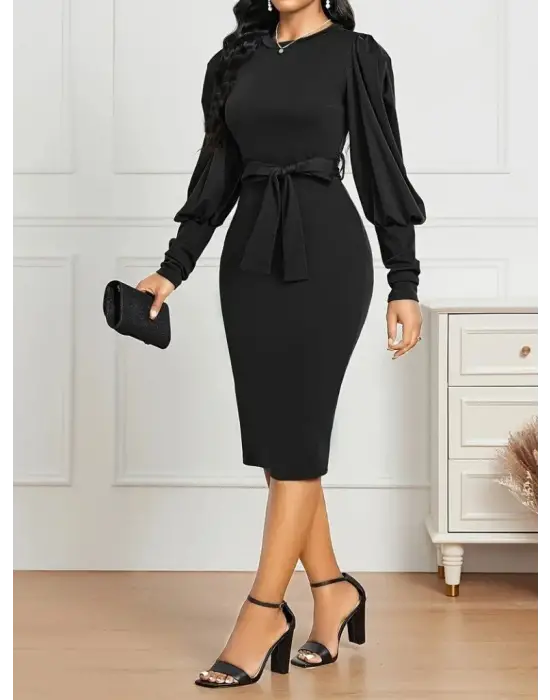 Kadın Uzun Kollu Bisiklet Yaka Beli Kuşaklı Ithal Krep Midi Elbise