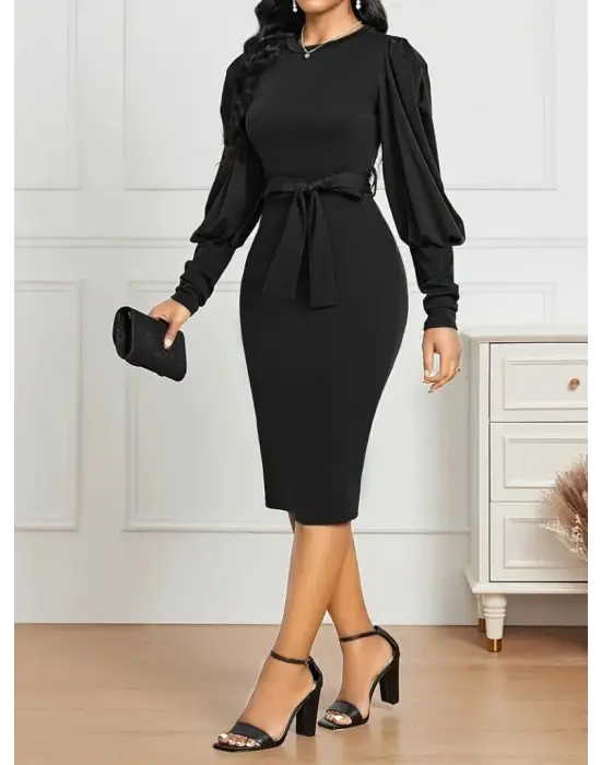 Kadın Uzun Kollu Bisiklet Yaka Beli Kuşaklı Ithal Krep Midi Elbise