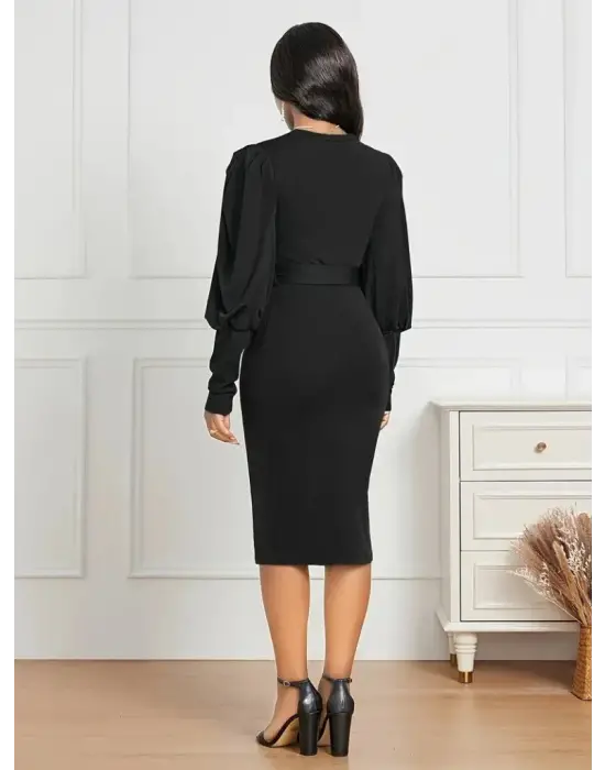 Kadın Uzun Kollu Bisiklet Yaka Beli Kuşaklı Ithal Krep Midi Elbise