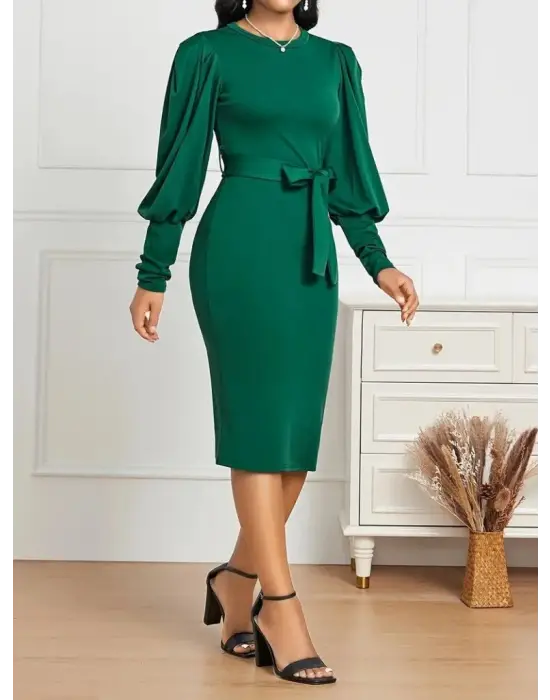 Kadın Uzun Kollu Bisiklet Yaka Beli Kuşaklı Ithal Krep Midi Elbise