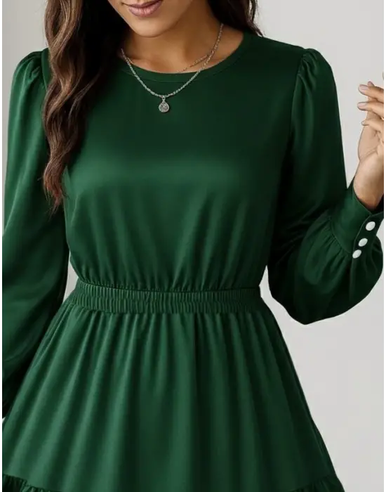 Kadın Uzun Kollu Bisiklet Yaka Beli Lastikli Fırfırlı Ithal Krep Elbise