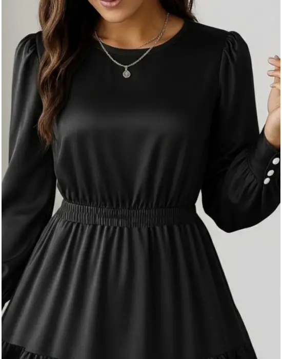 Kadın Uzun Kollu Bisiklet Yaka Beli Lastikli Fırfırlı Ithal Krep Elbise