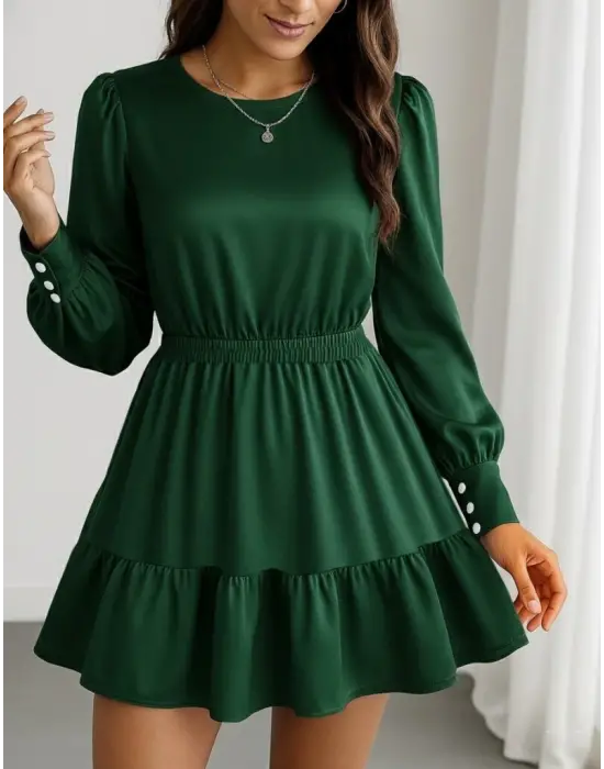 Kadın Uzun Kollu Bisiklet Yaka Beli Lastikli Fırfırlı Ithal Krep Elbise