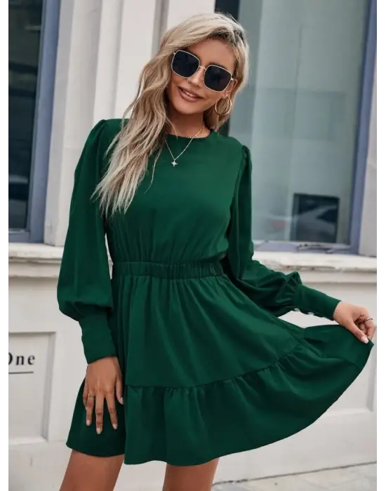 Omarı Uzun Kollu Kadın Fırfırlı Krep Elbise