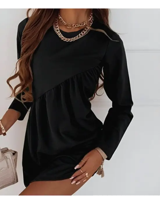 Kadın Uzun Kollu Bisiklet Yaka çapraz Büzgü Detay Iki Iplik Mini Boy Elbise