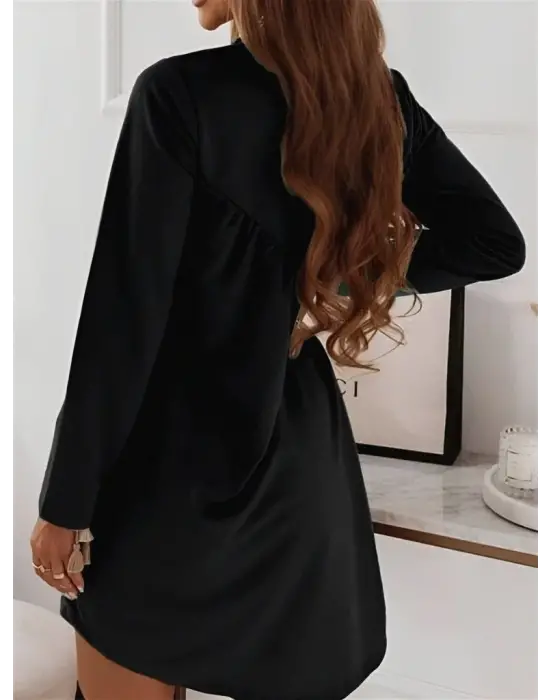 Kadın Uzun Kollu Bisiklet Yaka Büzgü Detay Elbise