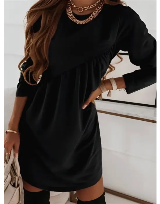 Kadın Uzun Kollu Bisiklet Yaka Büzgü Detay Elbise