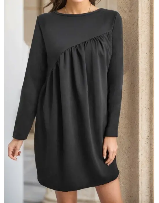 Kadın Uzun Kollu Bisiklet Yaka çapraz Büzgü Detay Iki Iplik Mini Boy Elbise