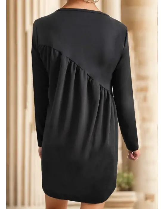 Kadın Uzun Kollu Bisiklet Yaka çapraz Büzgü Detay Iki Iplik Mini Boy Elbise