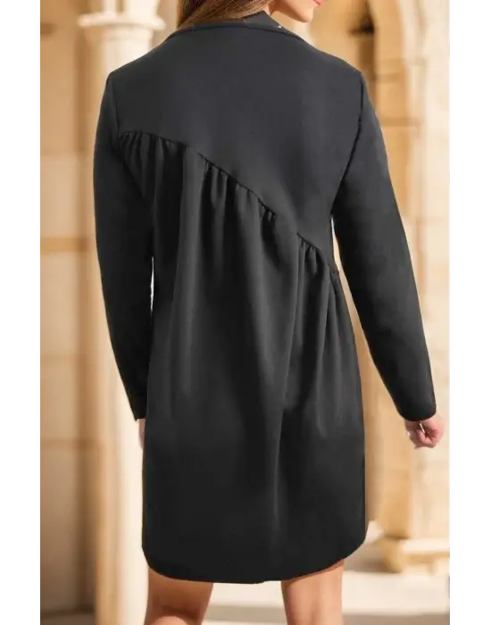 Kadın Uzun Kollu Bisiklet Yaka Büzgü Detay Elbise