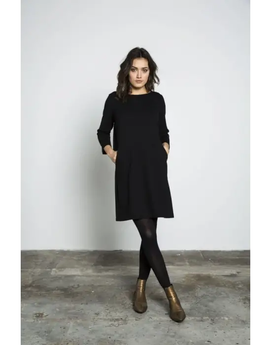 Kadın Uzun Kollu Bisiklet Yaka Cep Detay Etek Ucu Volanlı Iki Iplik Elbise