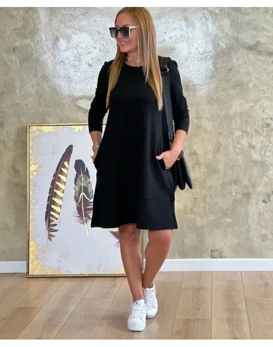 Kadın Uzun Kollu Bisiklet Yaka Cep Detay Etek Ucu Volanlı Iki Iplik Elbise