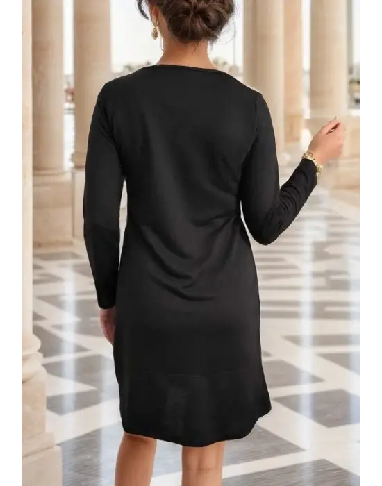 Kadın Uzun Kollu Bisiklet Yaka Cep Detay Etek Ucu Volanlı Iki Iplik Elbise