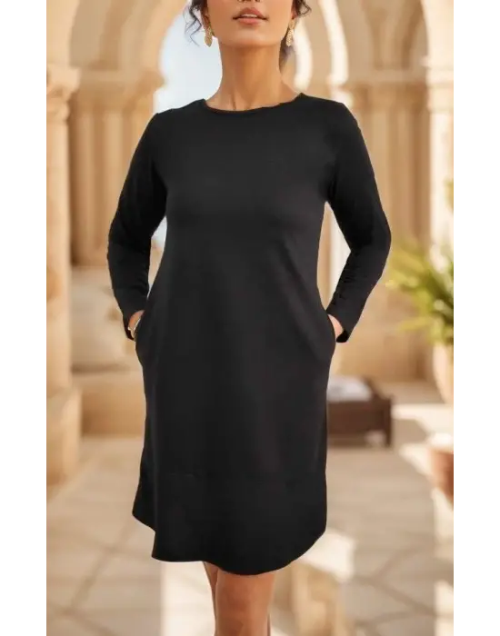 Kadın Uzun Kollu Bisiklet Yaka Cep Detay Etek Ucu Volanlı Iki Iplik Elbise