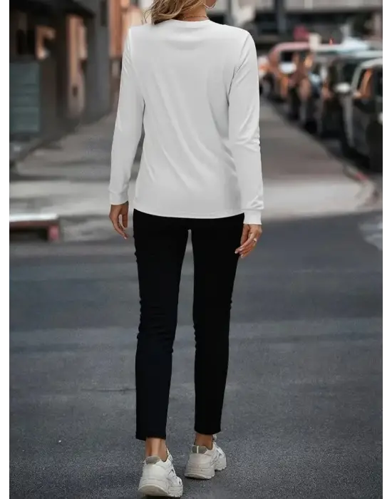 Kadın Uzun Kollu Bisiklet Yaka Cepli Viskon Iki Iplik Bluz Ve Pantolon Ikili Takım