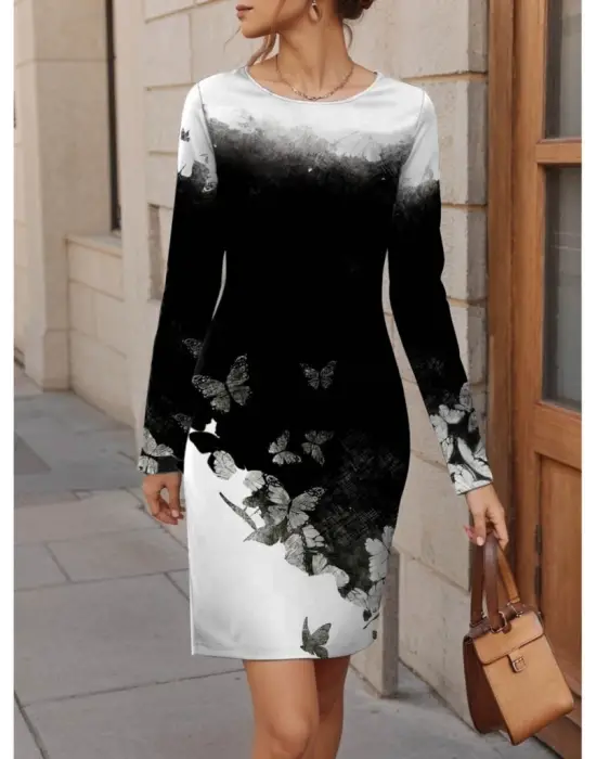 Kadın Uzun Kollu Bisiklet Yaka çiçek Desenli Kısa şardonlu Dalgıç Elbise