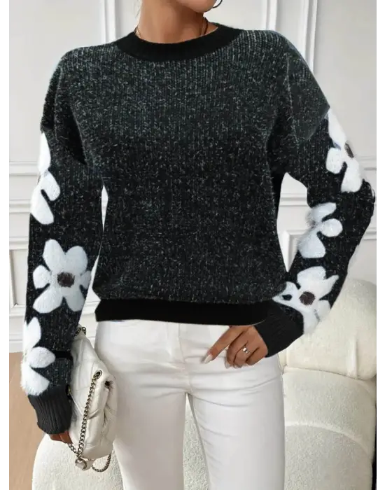 Kadın Uzun Kollu Bisiklet Yaka çiçek Desenli Triko Bluz