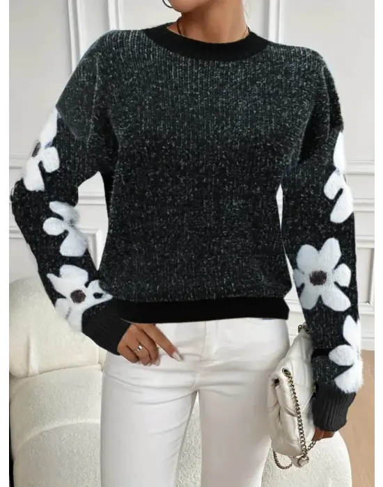 Kadın Uzun Kollu Bisiklet Yaka çiçek Desenli Triko Bluz