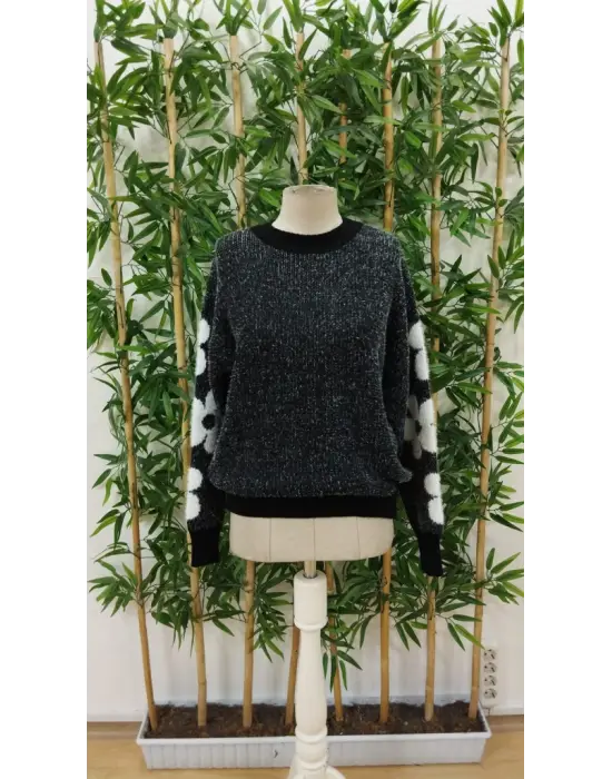 Kadın Uzun Kollu Bisiklet Yaka çiçek Desenli Triko Bluz