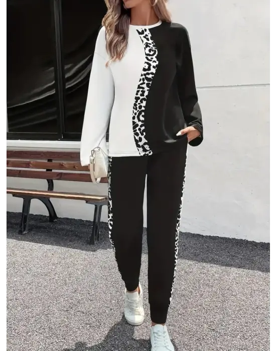 Kadın Uzun Kollu Bisiklet Yaka çift Renkli Viskon Iki Iplik Bluz Ve Pantolon Ikili Takım