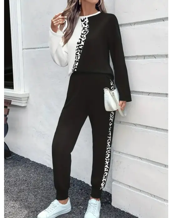 Kadın Uzun Kollu Bisiklet Yaka çift Renkli Viskon Iki Iplik Bluz Ve Pantolon Ikili Takım