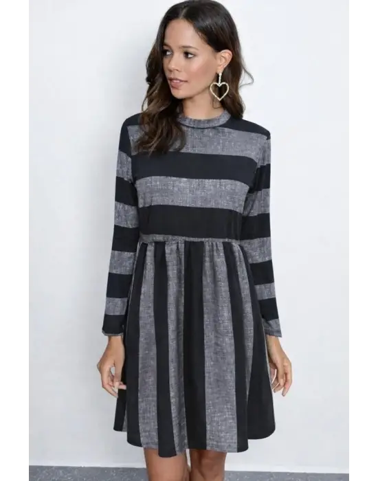 Kadın Uzun Kollu Bisiklet Yaka çizgili Desen Detaylı Süprem Mini Elbise