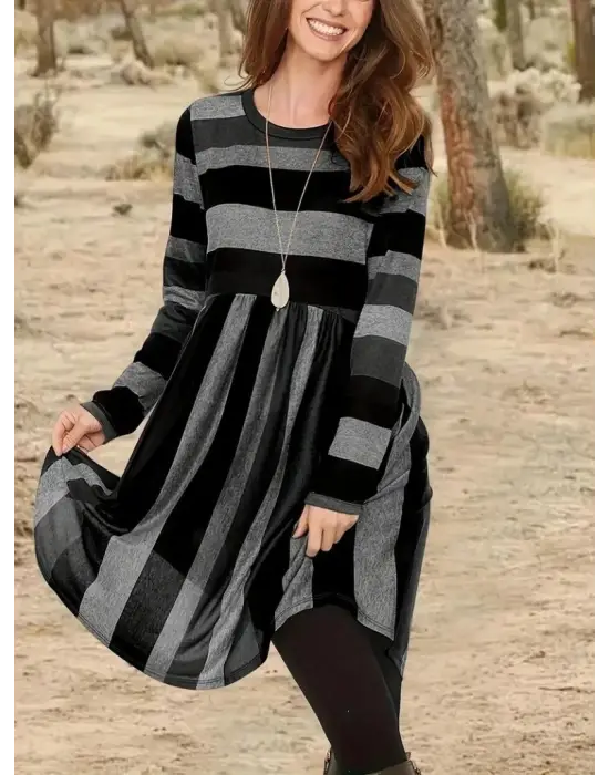 Kadın Uzun Kollu Bisiklet Yaka çizgili Desen Detaylı Süprem Mini Elbise