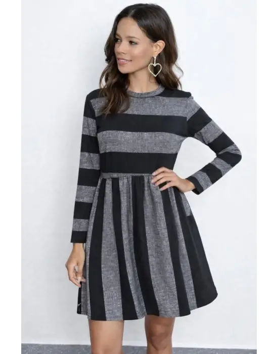 Kadın Uzun Kollu Bisiklet Yaka çizgili Desen Detaylı Süprem Mini Elbise