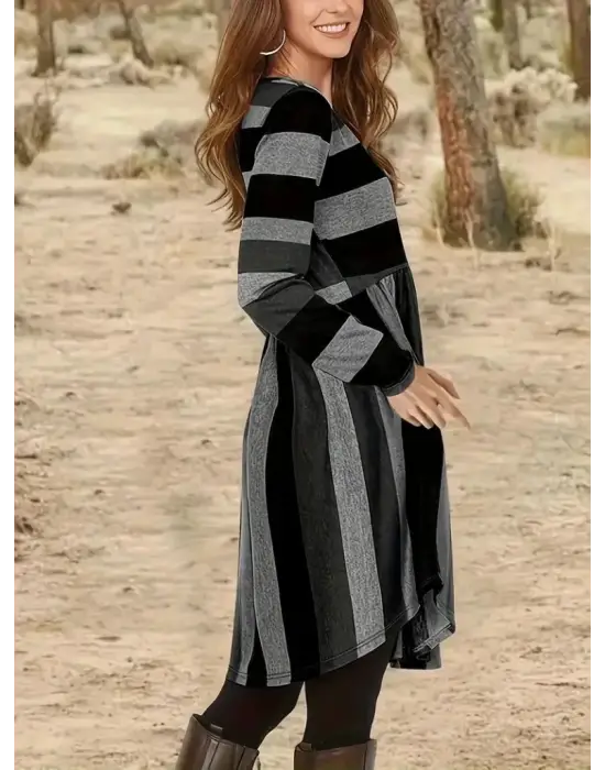 Kadın Uzun Kollu Bisiklet Yaka çizgili Desen Detaylı Süprem Mini Elbise