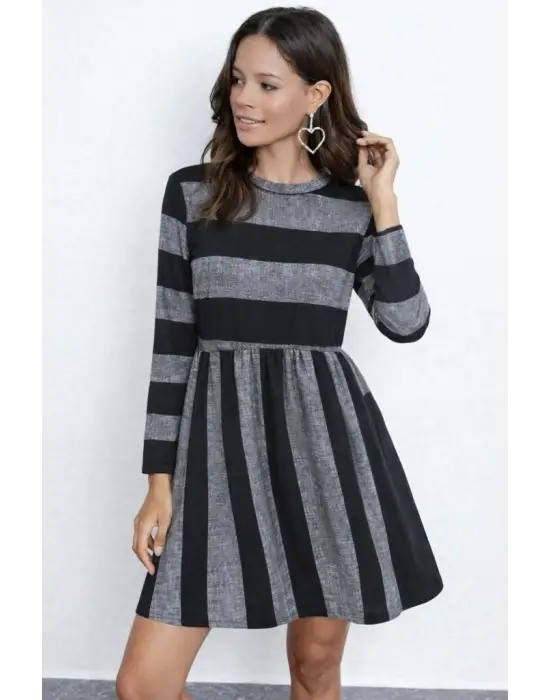 Kadın Uzun Kollu Bisiklet Yaka çizgili Desen Detaylı Süprem Mini Elbise
