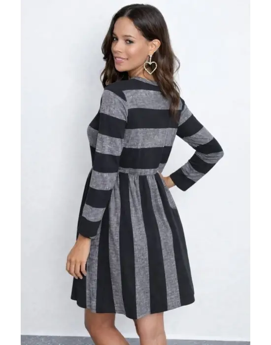 Kadın Uzun Kollu Bisiklet Yaka çizgili Desen Detaylı Süprem Mini Elbise