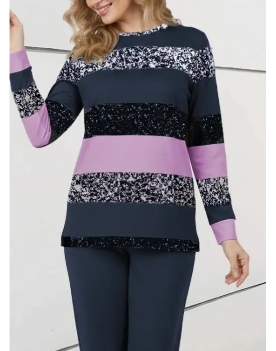 Kadın Uzun Kollu Bisiklet Yaka çizgili Desen Iki Iplik Bluz Ve Pantolon Ikili Takım