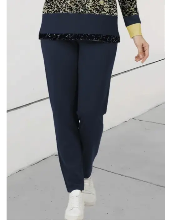 Kadın Uzun Kollu Bisiklet Yaka çizgili Desen Iki Iplik Bluz Ve Pantolon Ikili Takım